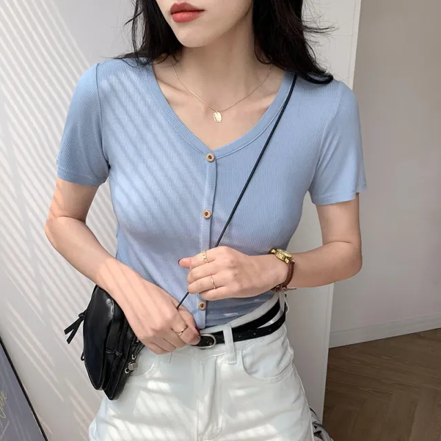 New Ice Silk Sweater Loose V neck Black T shirt Underneath Blue - Shop at LoveMi