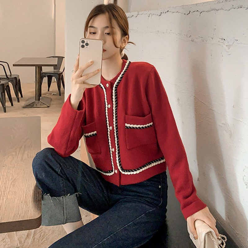 Top Women's Sweater Short Style Red Knitted Sweater Cardigan Coat