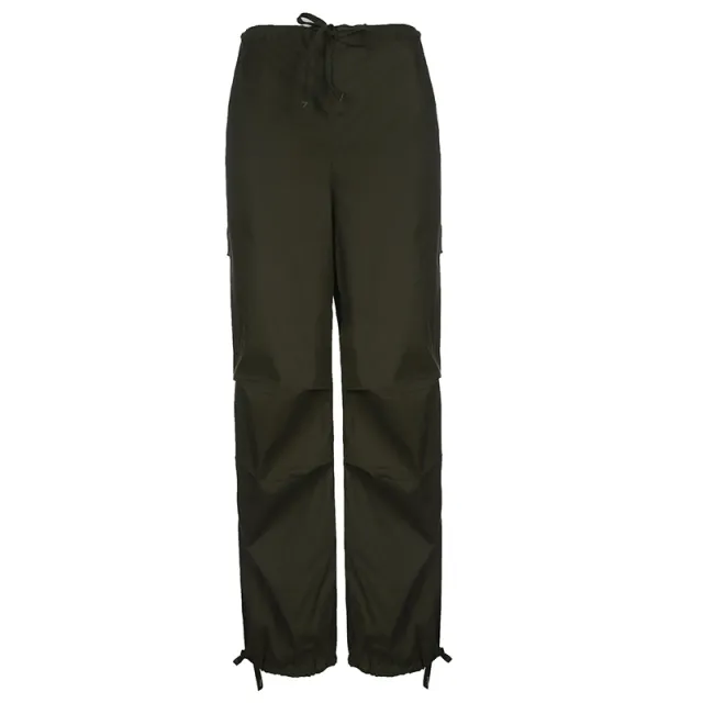 Ladies Fashion Panel Drawstring Woven Trousers Army Green - Shop at LoveMi