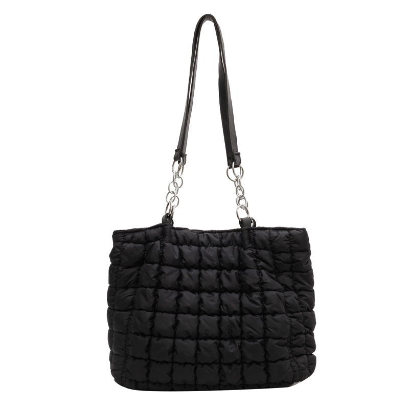 Chain Plaid Down Hanbags Large Capacity Bubble Designer Tote Bag Women's Autumn And Winter Fashion Pleated Armpit Shoulder Bag Black - Shop at LoveMi