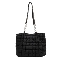 Chain Plaid Down Hanbags Large Capacity Bubble Designer Tote Bag Women's Autumn And Winter Fashion Pleated Armpit Shoulder Bag - Black - View 1