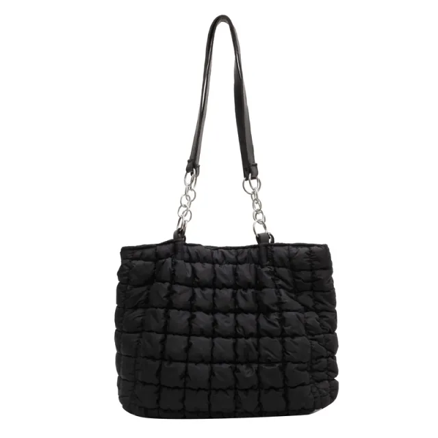 Chain Plaid Down Hanbags Large Capacity Bubble Designer Tote Bag Women's Autumn And Winter Fashion Pleated Armpit Shoulder Bag Black - Shop at LoveMi
