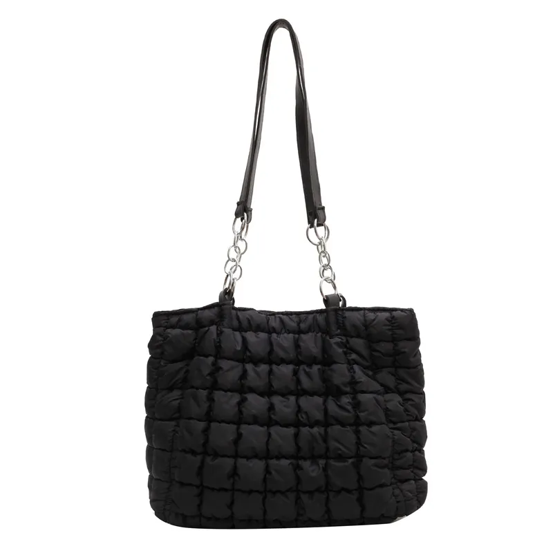 Chain Plaid Down Hanbags Large Capacity Bubble Designer Tote Bag Women's Autumn And Winter Fashion Pleated Armpit Shoulder Bag - Black