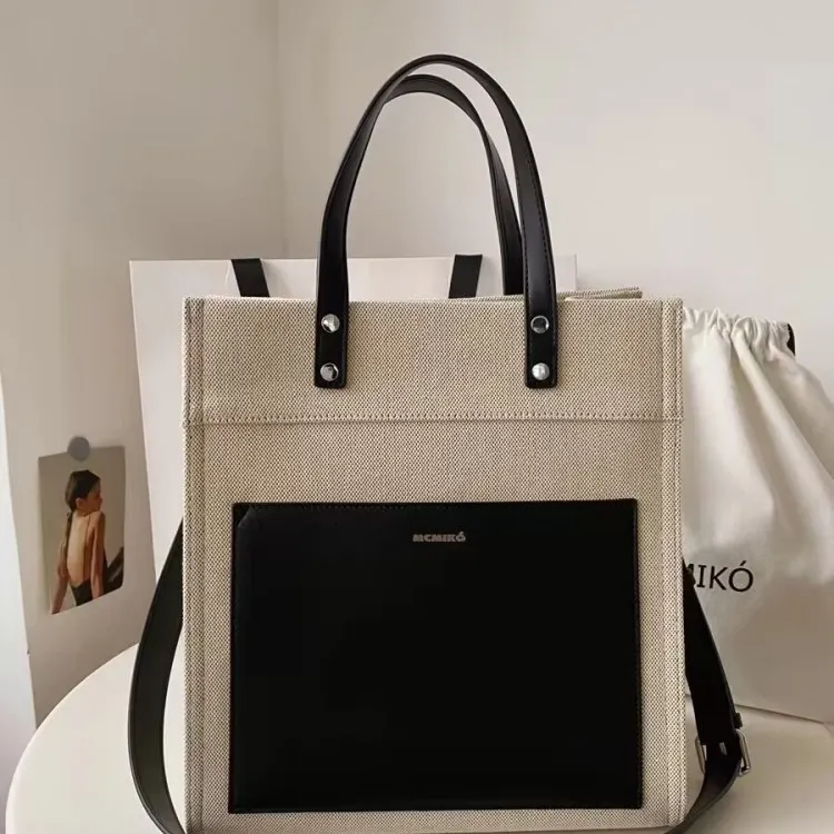 Classic Solid Color Canvas Tote Bag Large Capacity - Black