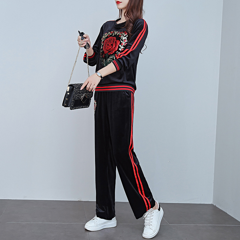 Women's Round Neck Long Sleeve Stitching Hot Diamond Rose Trousers Two-piece Sports
