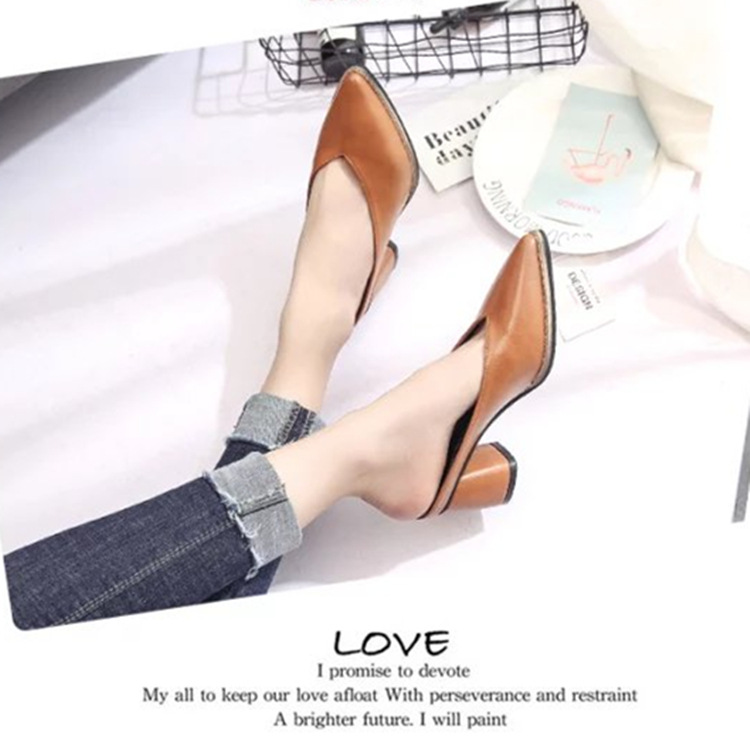 Solid Color Muller Slippers Female Pointed Lazy Thick Heel Half