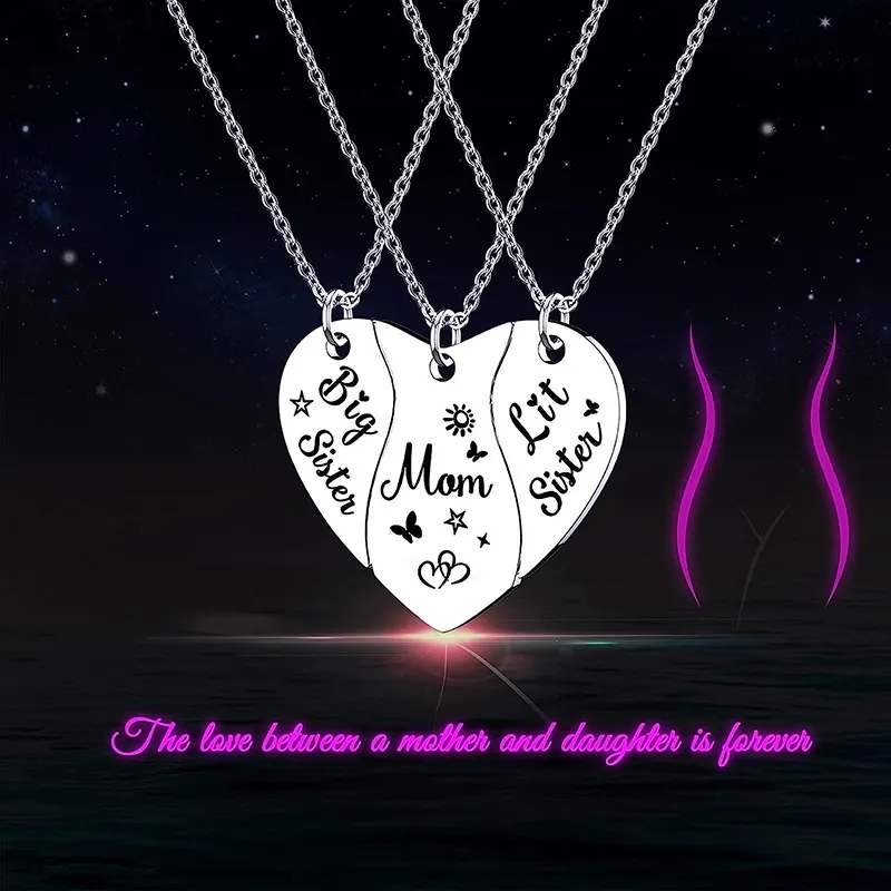 3 PCS Heart-shaped Matching Mom Sisters Necklace Set Stainless Steel Mother Daug