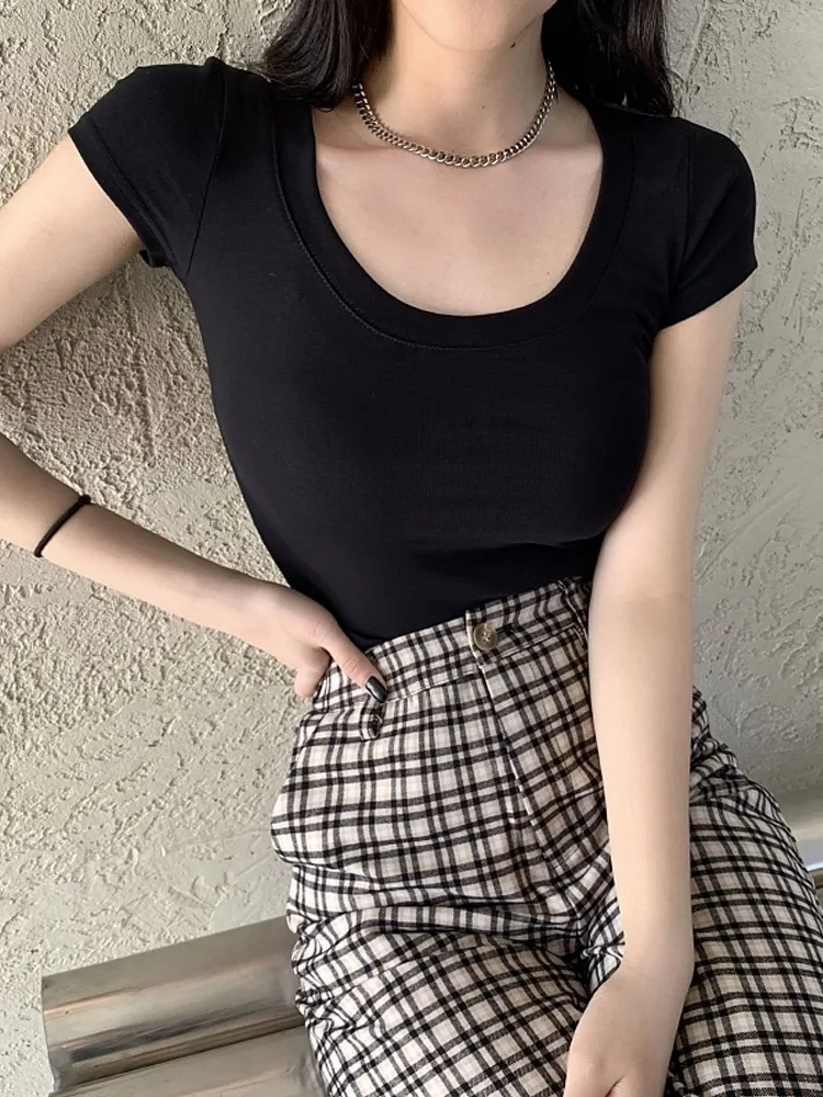 Cotton T-shirt Women's Short Sleeve Low Collar Collarbone - Black