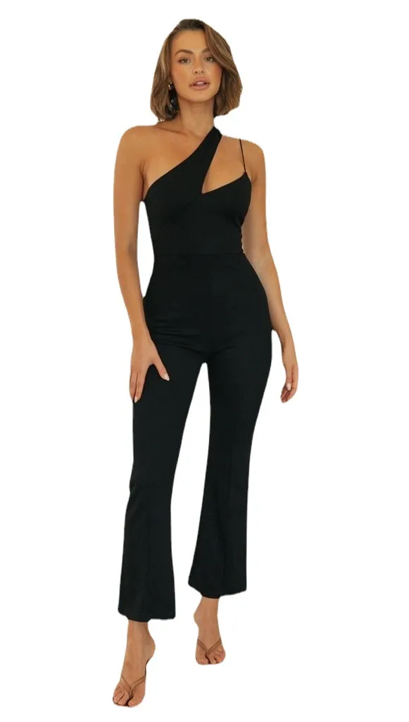 Fashion Solid Color Sloping Shoulder Slim Jumpsuit Black - Shop at LoveMi