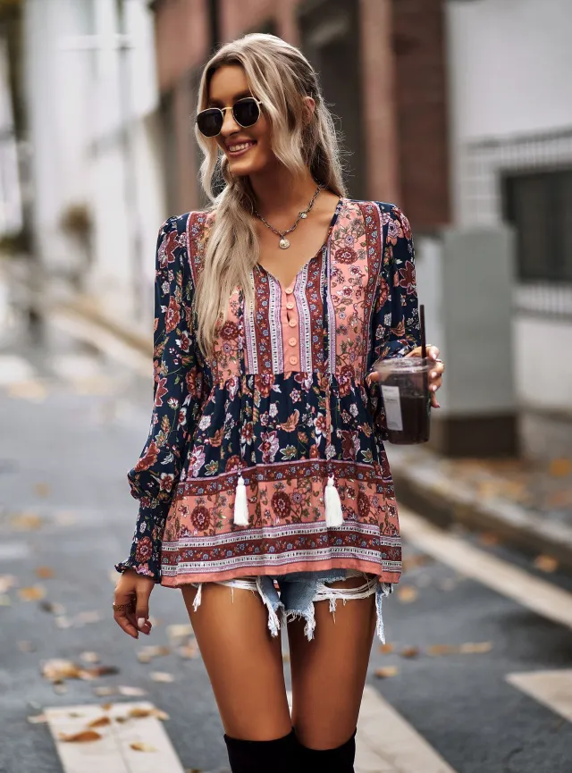 Long Sleeve Versatile Top Four Seasons Bohemian Women Navy - Shop at LoveMi