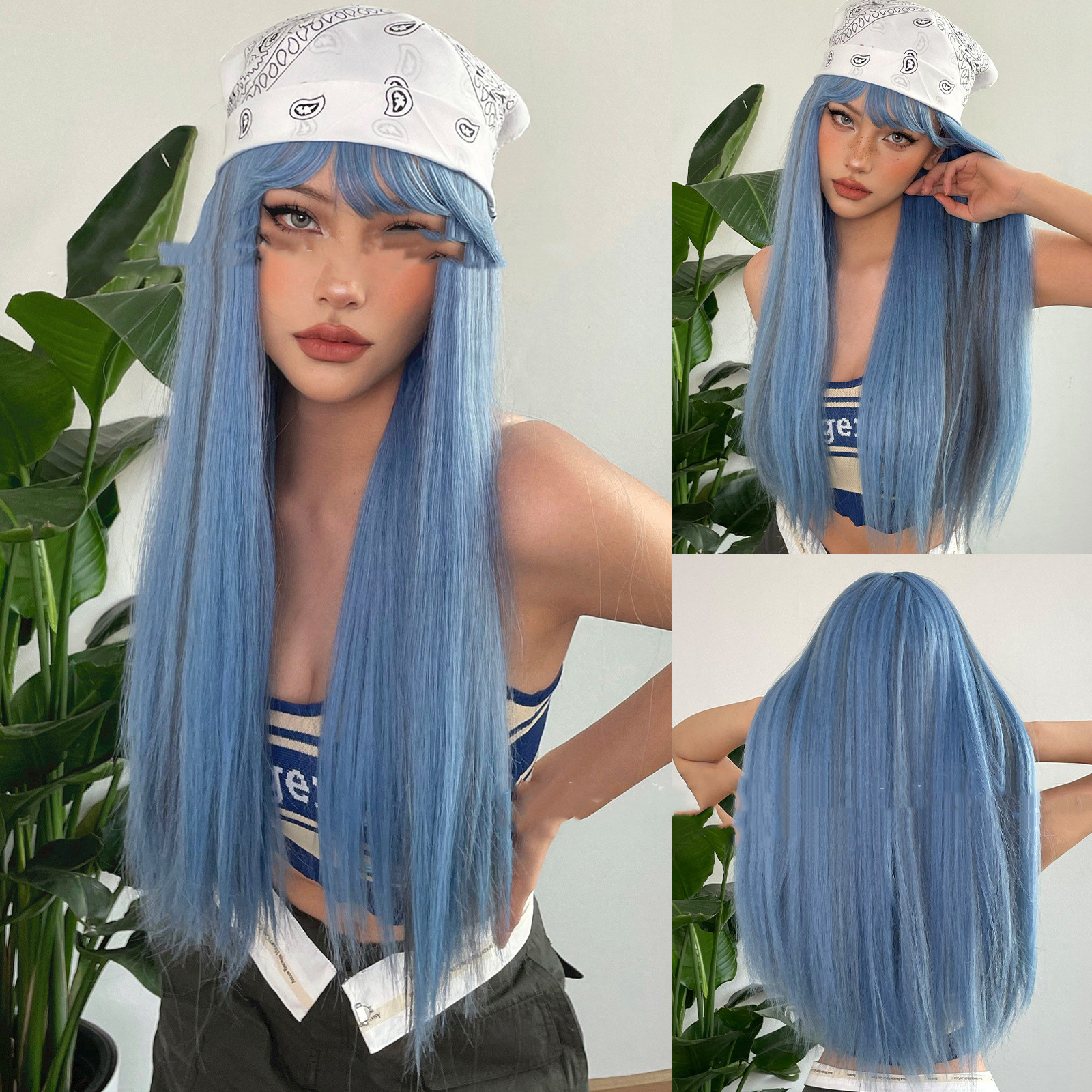 Title 3, Blue Natural Bangs Long Straight Hair Chemical ...