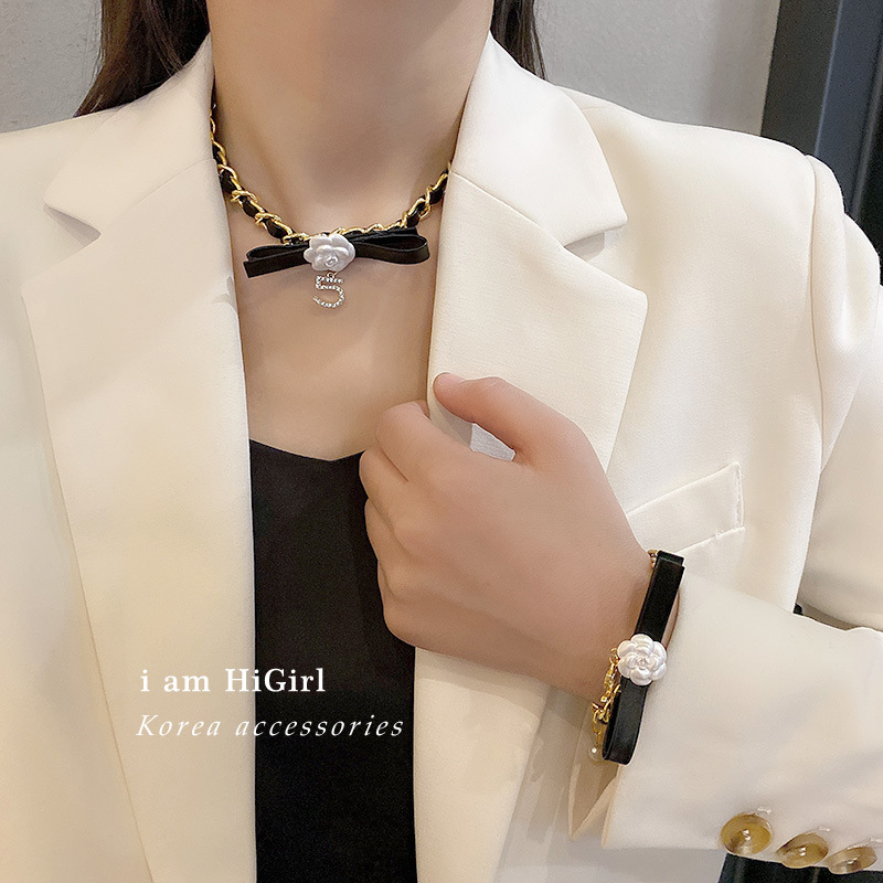 Fashion Braided Leather Chain Camellia Diamond Digital Necklace Retro Personality