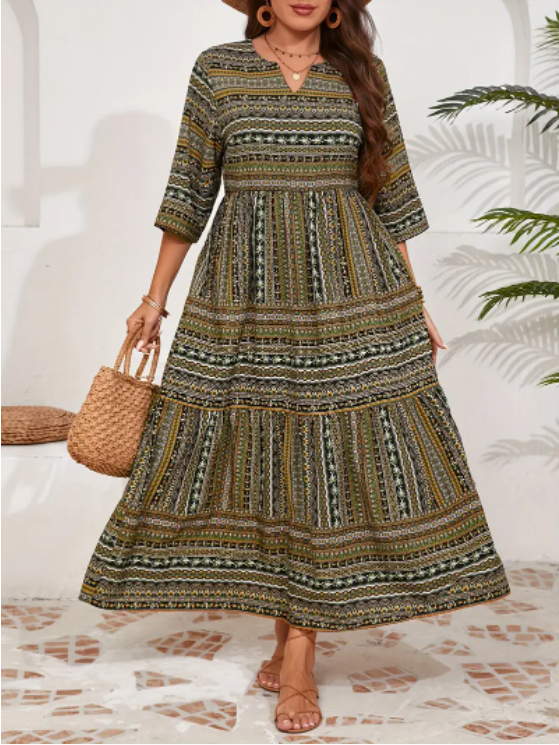 Plus Size All Over Print Tiered Dress, Vacation Notch Neck Short Sleeve Dress, Women's Plus Size Clothing Green - Shop at LoveMi