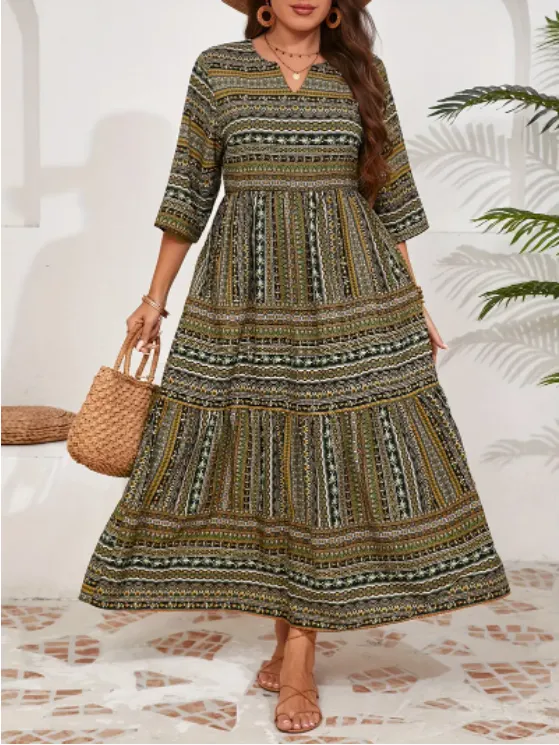 Plus Size All Over Print Tiered Dress, Vacation Notch Neck Short Sleeve Dress, Women's Plus Size Clothing - Green