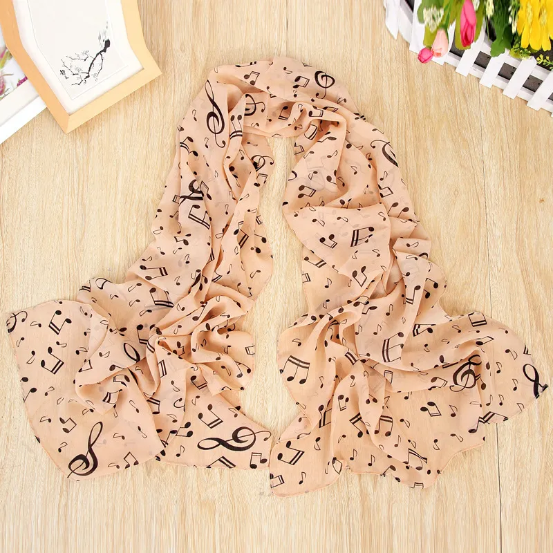 Women's Fashion Casual Note Print Chiffon Silk Scarf - Khaki