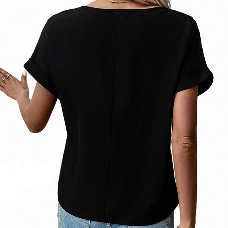 Women’s V-Neck Zipper Top Solid Color Short Sleeve Blouse