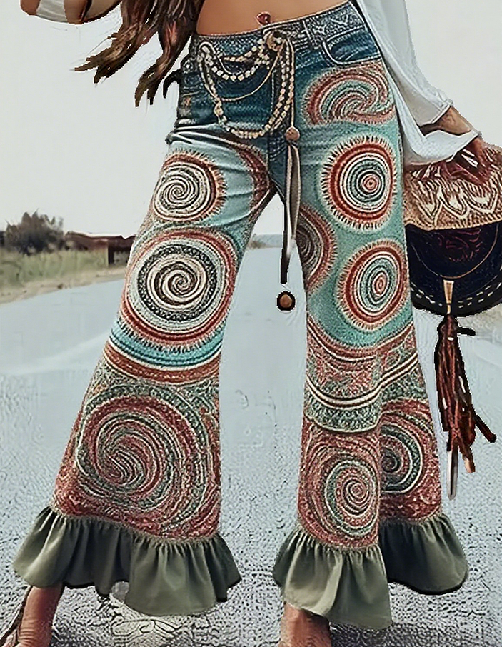 Ursime Boho Print Ruffle Hem Flare Pants - Color1-XL