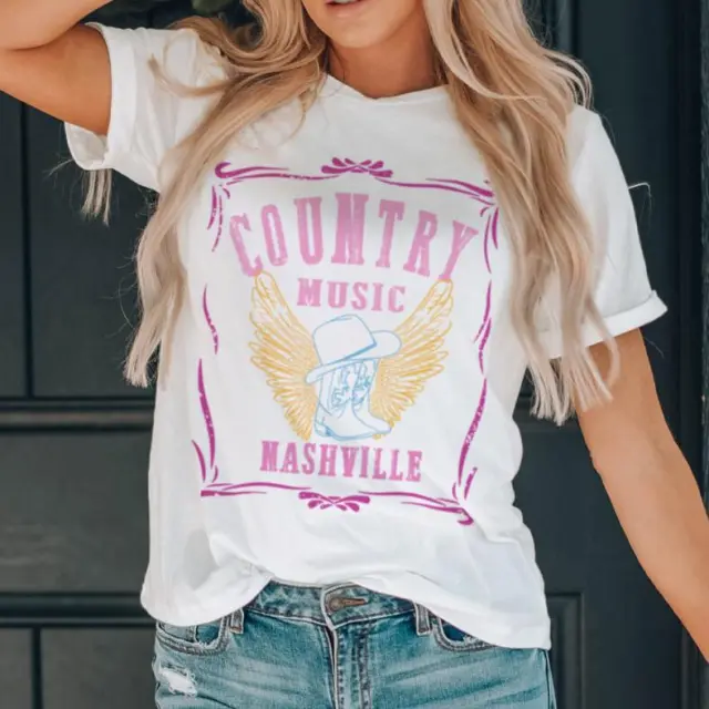 European And American Country Music Nashville Graphic T shirt White - Shop at LoveMi