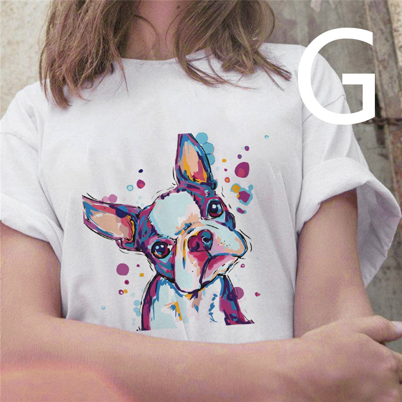 Cartoon Oil Painting Dog Print Loose Round Neck Short Sleeves