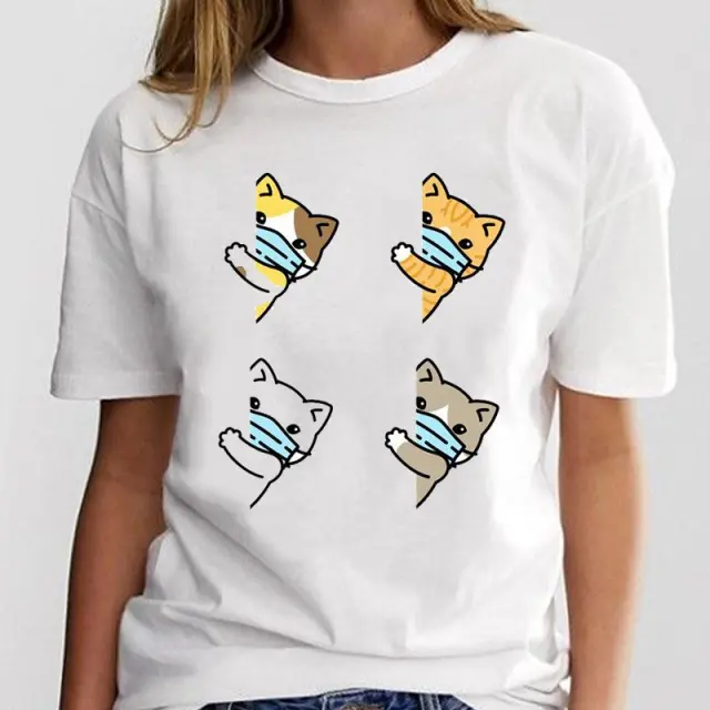 New Simple Cat Animal Cartoon Print Loose Round Neck Ladies White T Shirt Short Sleeve 10 Style - Shop at LoveMi
