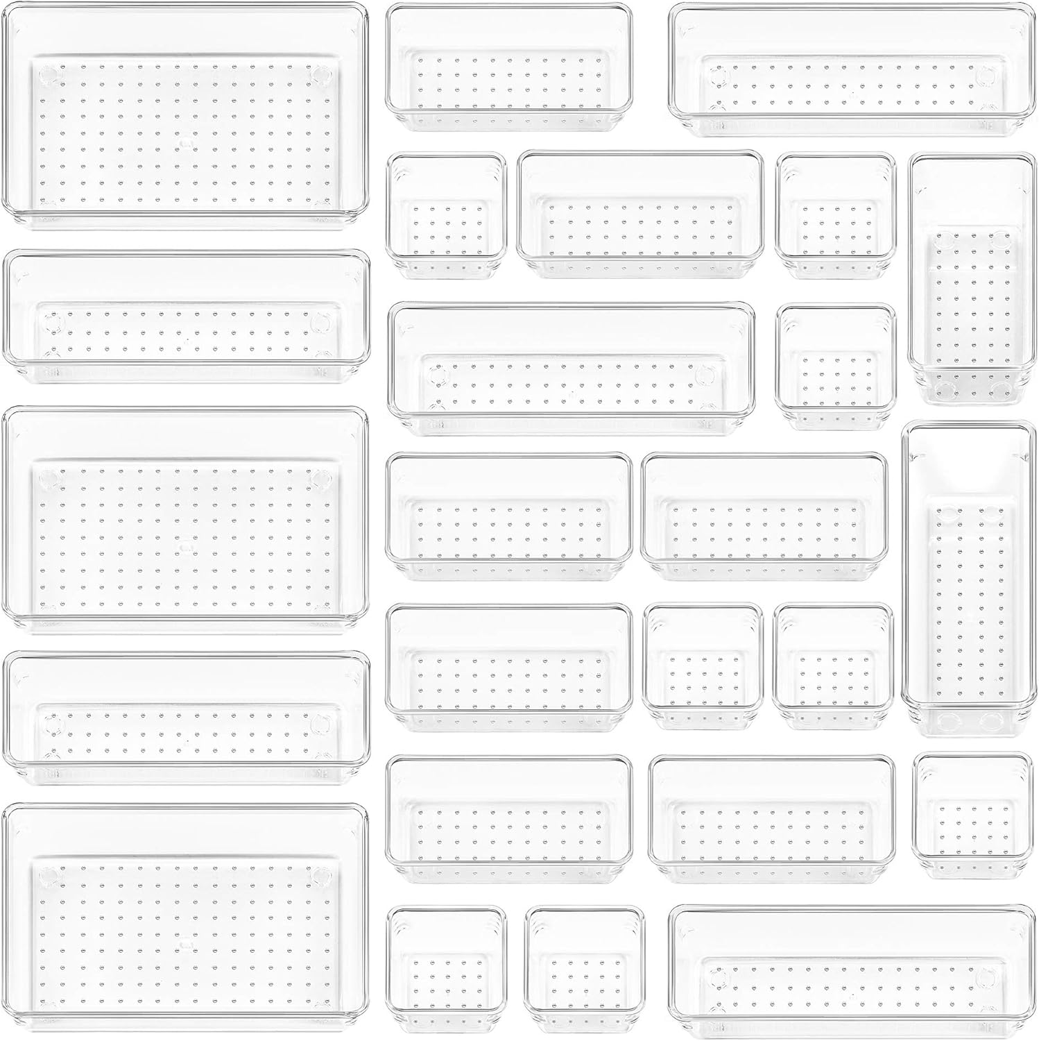 25 Pack Clear Plastic Drawer Organizers, 4 Size Storage Trays For Bathroom, Vanity, Makeup, Bedroom, Kitchen & Office Supplies