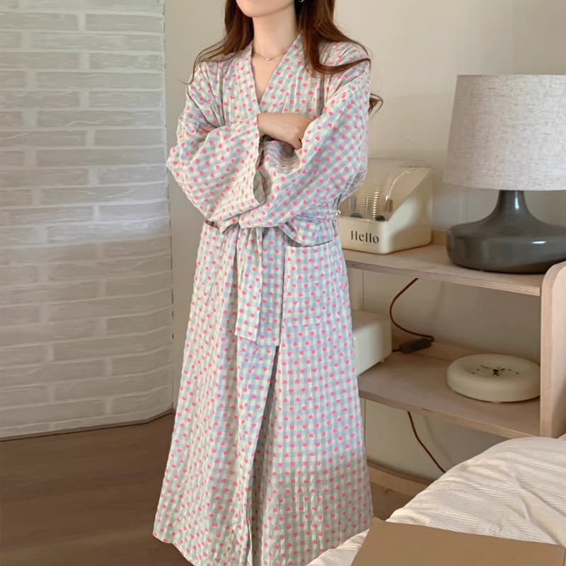 Sweetheart Checked Pajama Robe Spring Autumn New Style, Loose Fitting, Comfortable Mid Length Loungewear For Home
