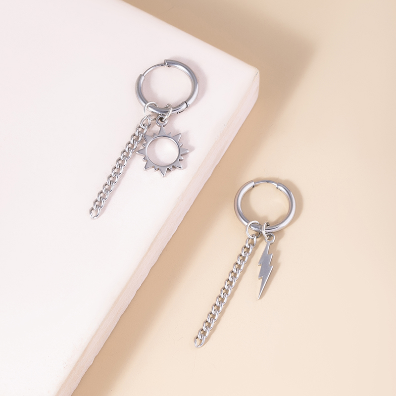 Hip Hop Stainless Steel Asymmetric Earrings Fashion Silver Sun Lightning Charm Metal Tassel Earrings For Women Men