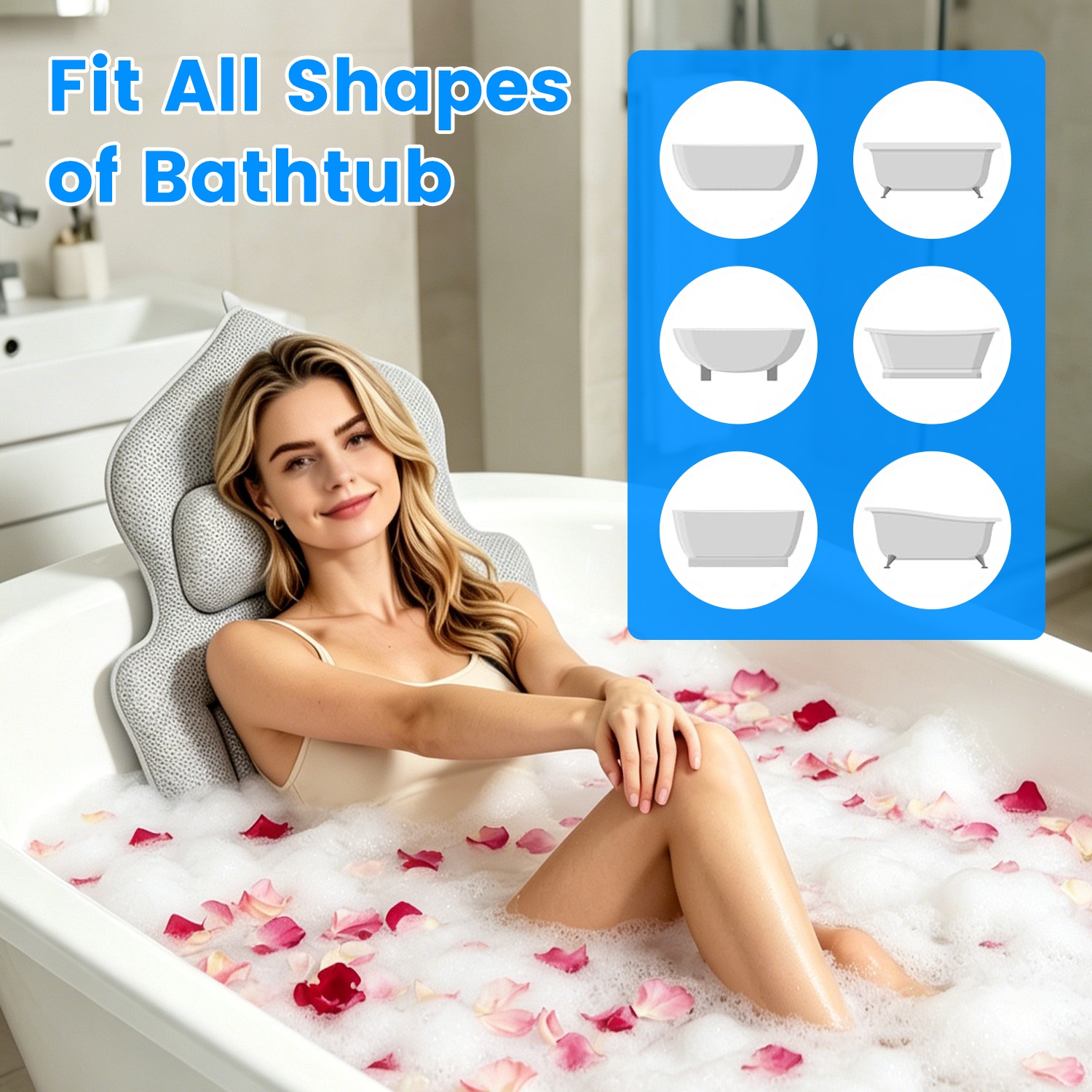 1Pc Full Body Bath Pillow With Headrest Lumbar Support Quick-Drying Bathtub Cushion With Breathable 4D Honeycomb Mesh Cushion Nonslip Machine Washable