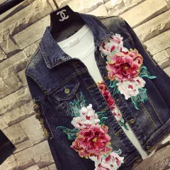 Ripped Embroidered Peony Denim Long-sleeved Jacket Looks Thin Trendy - Dark Peony Coat - View 1