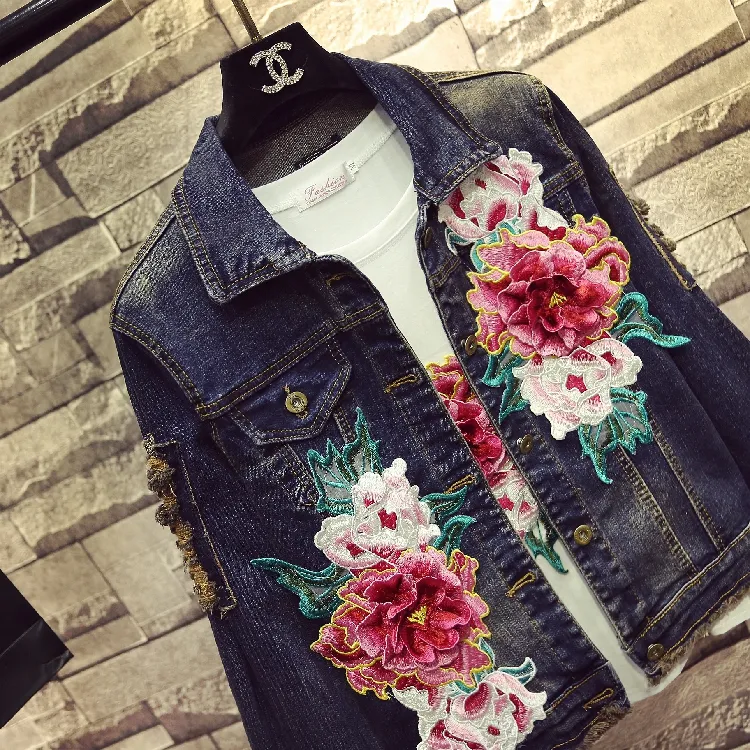 Ripped Embroidered Peony Denim Long-sleeved Jacket Looks Thin Trendy - Dark Peony Coat