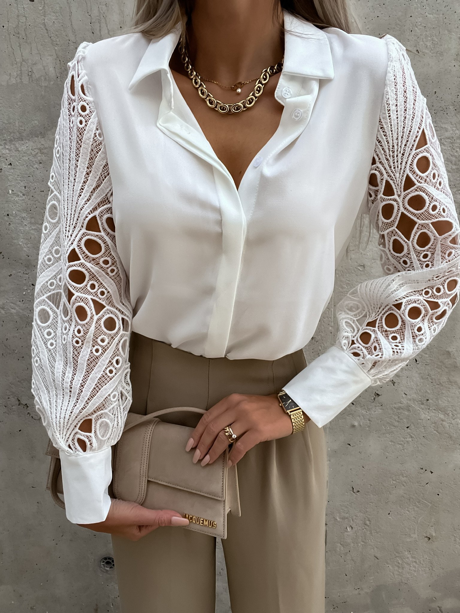 Title 4, Ladies Solid Color Lace Patchwork Shirt