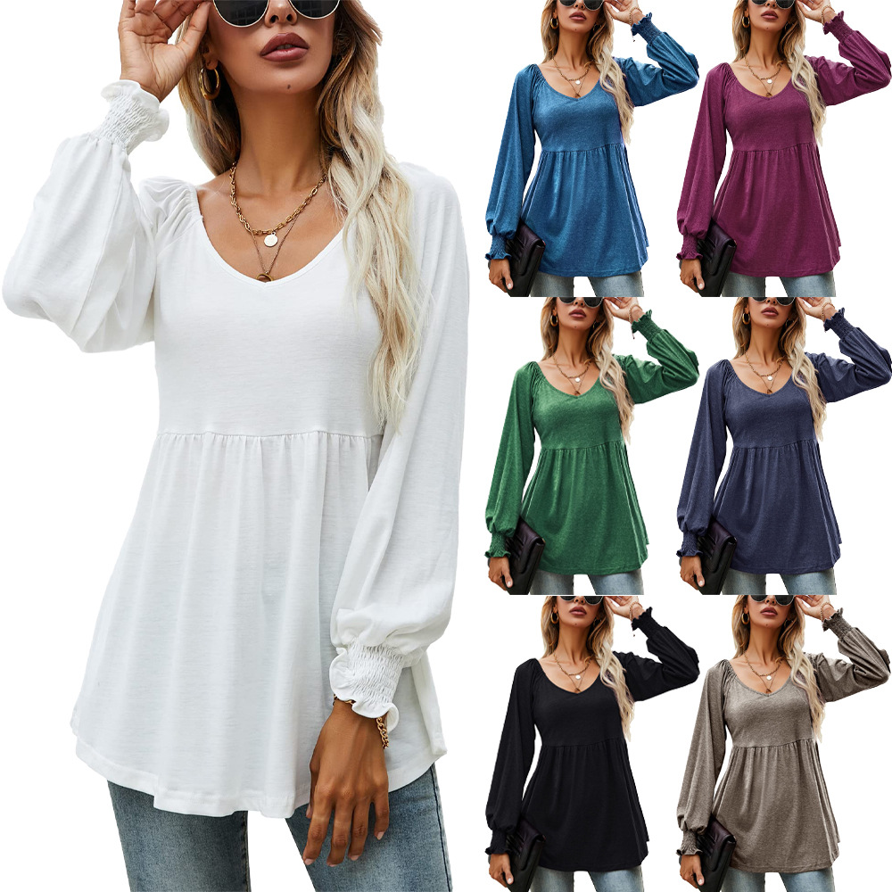 Women's New V-neck Puff Long-sleeved Tunic T-shirt