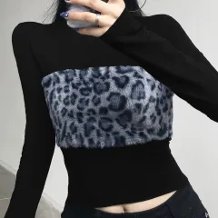 Round Neck Hair Leopard Print Mosaic Slim Slim Long Sleeve T-shirt Blouse Women - Black - View 1