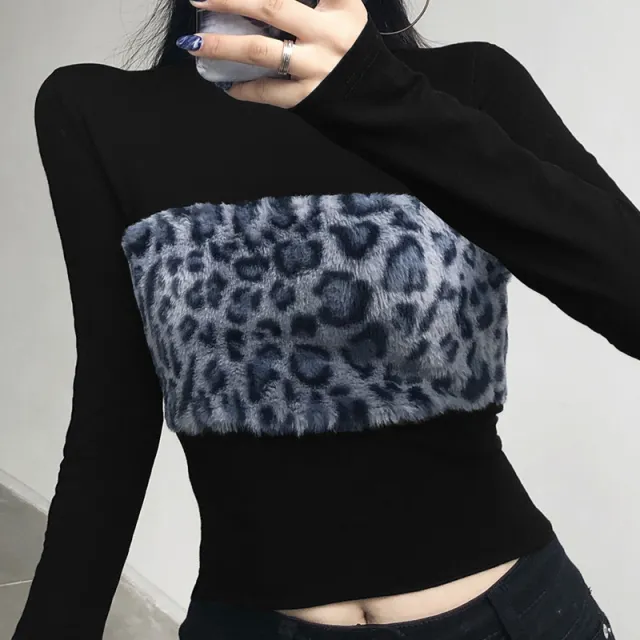 Round Neck Hair Leopard Print Mosaic Slim Slim Long Sleeve T shirt Blouse Women Black - Shop at LoveMi