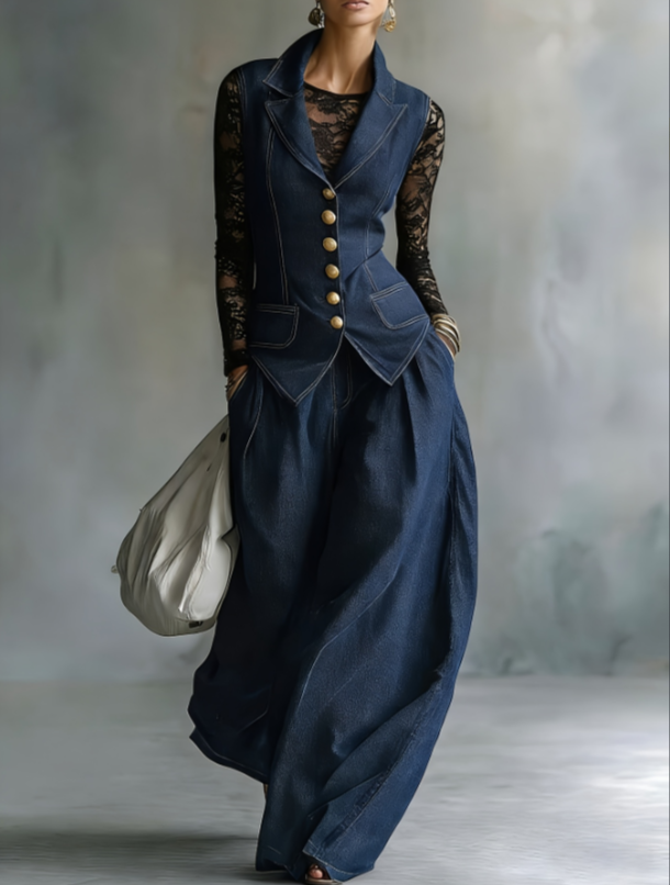 Waist Up Suit Collar Vest Wide Leg Pants Two-piece Set