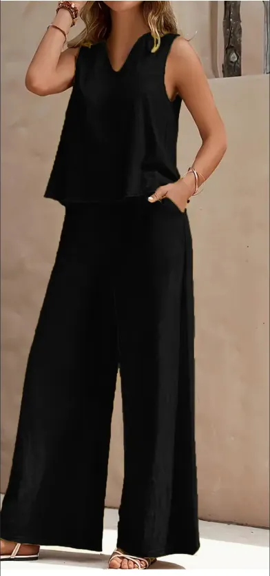 Vibrant Solid Color Casual Pants Set V Neck Sleeveless Tank Top, Wide Leg Pants With Pocket, Polyester Fabric, Machine Washable Perfect For Sum... Black - Shop at LoveMi