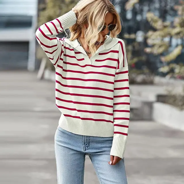 Casual V neck Lapel Striped Sweater Fashion Long Sleeve Tops For Womens Clothing Red - Shop at LoveMi