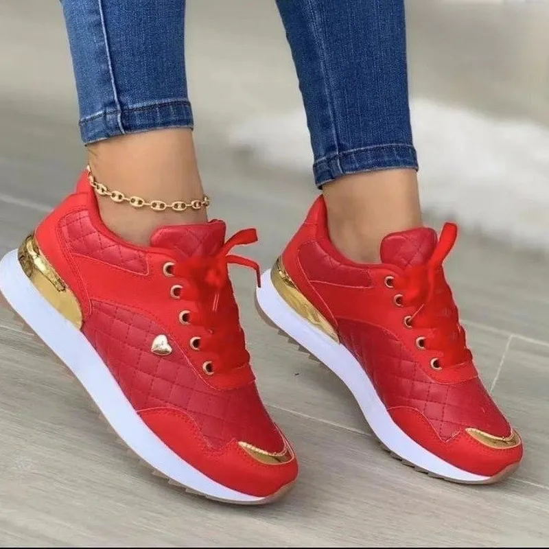 Plaid Sneakers Women Patchwork Lace Up Shoes With Love Decor - Red