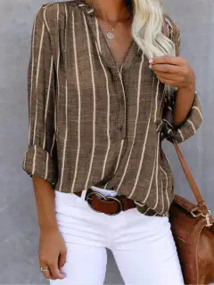 Simple And Fashionable Printed Striped Shirt For Women - Khaki - View 1