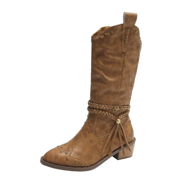 Retro Tassel Boots With Braided Rope Strap Buckle Design Shoes Winter Footwear New Mid calf Knight Western Boots For Women Brown - Shop at LoveMi