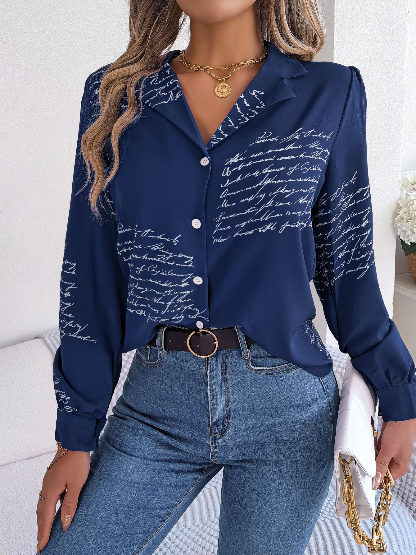 Women's Casual Versatile Letter Print Notched Lapel Long Sleeve Shirt