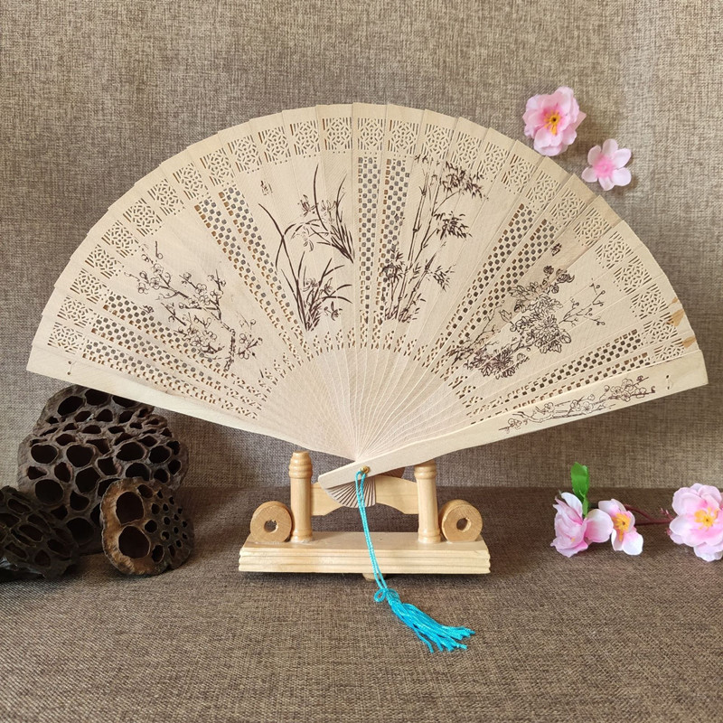 Sandalwood Fan Hollow Hemu Fan Carved Fragrant Wood Fan National Style Classic Folding Fan