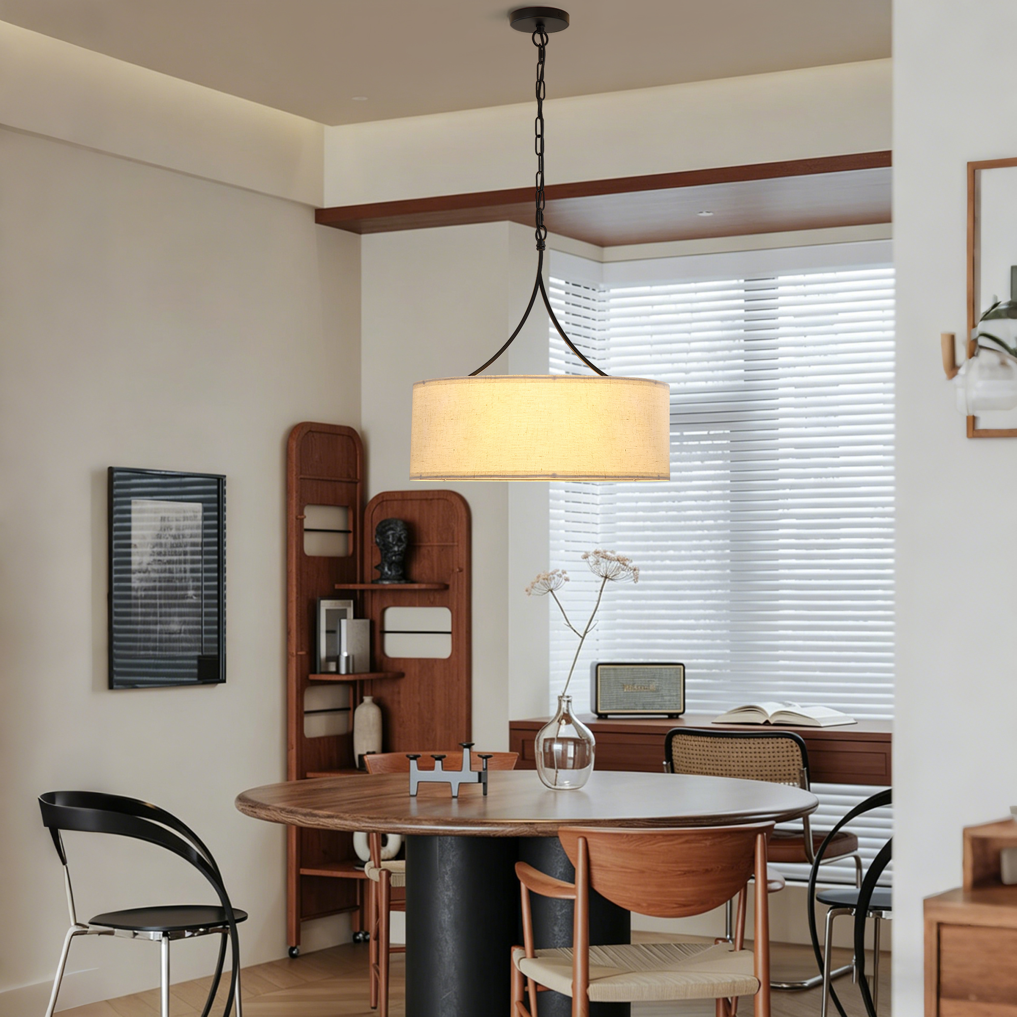 Modern 3-Light Fabric Pendant Light, Black Adjustable Drum Chandelier, Matte Black Fabric Shade Ceiling Light Fixture For Dining Room Living Room Bedroom — foto 4
