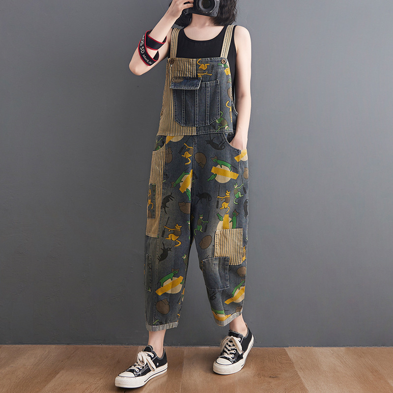 Women's Loose Plus Size Cartoon Print Denim Overalls