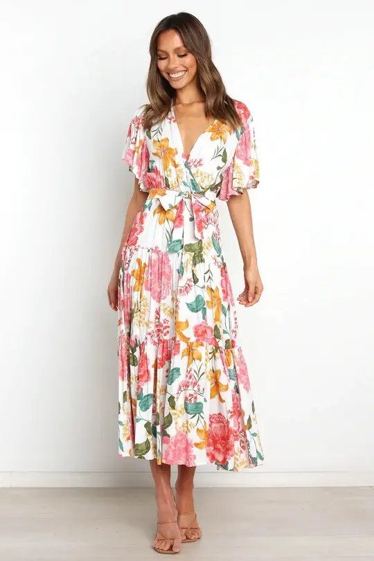 V-Neck Commuter Print Short Sleeve Nipped Waist Bohemian Dress