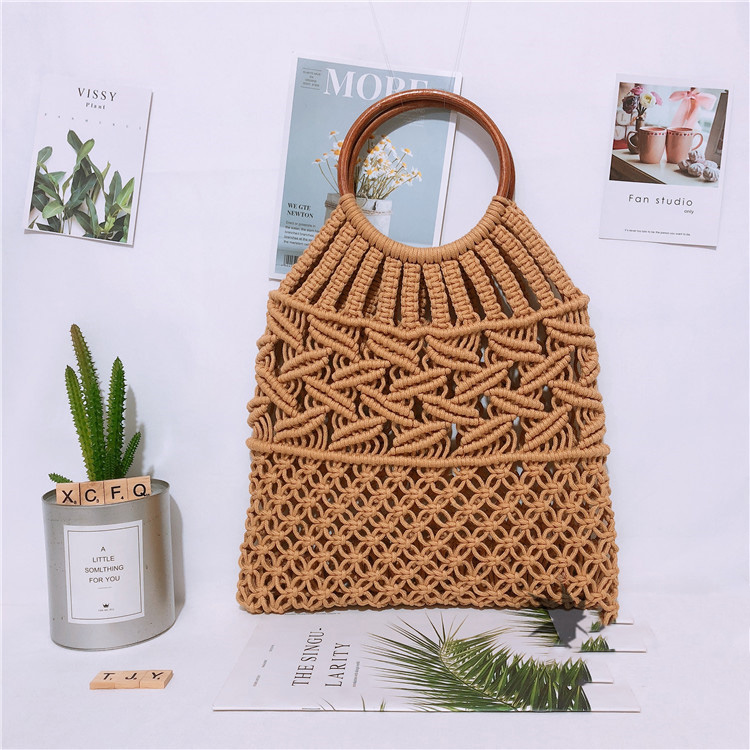 New Wooden Handle Portable Net Bag Straw Woven Bag Cotton Rope Hand-woven Bag