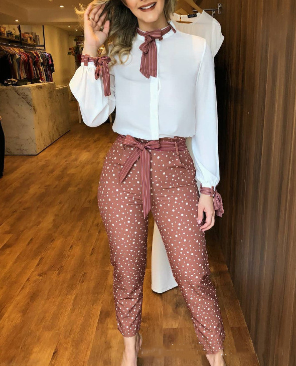 New Women's White Shirt  Printed Trousers