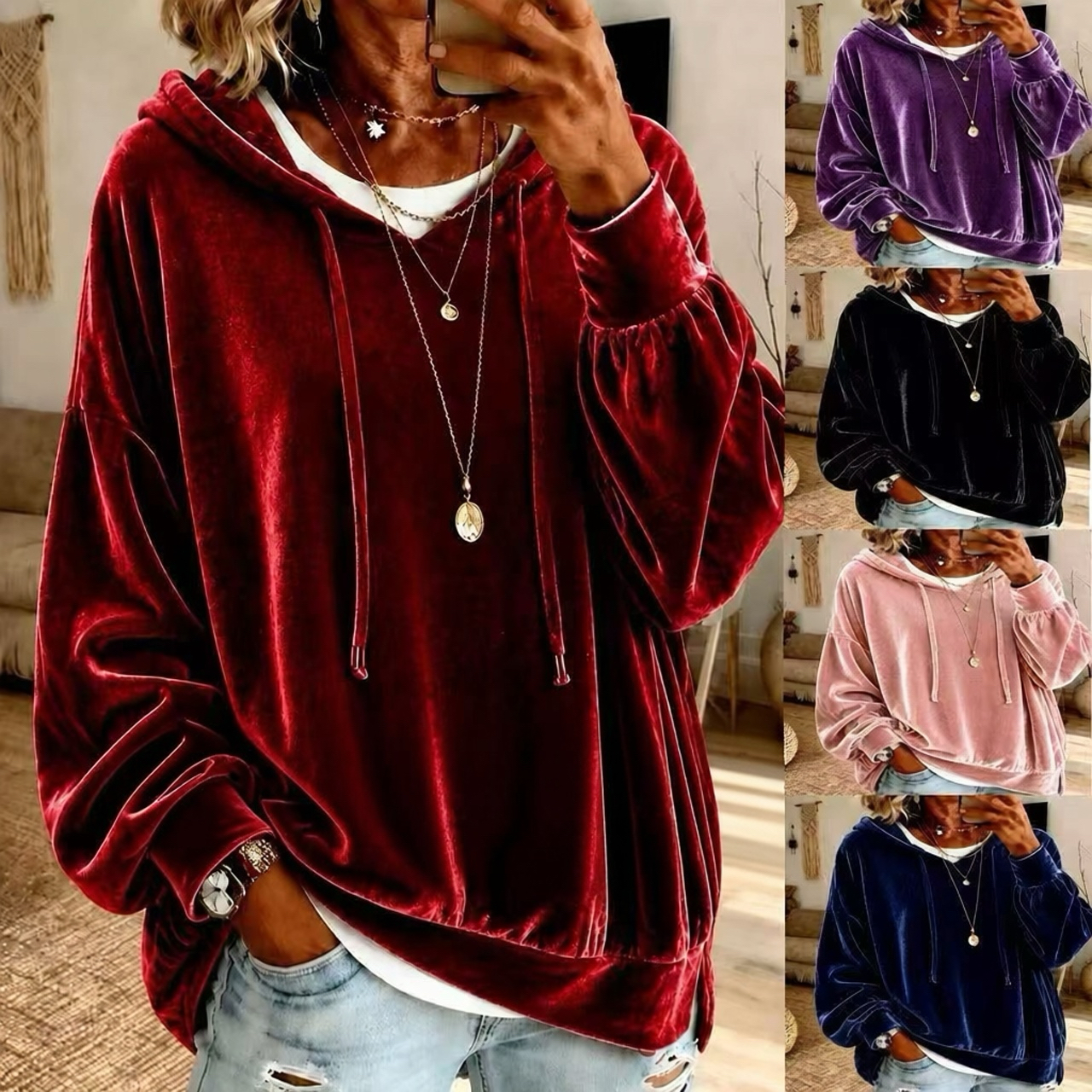 Women Casual Velvet Hooded Sweatshirt Long Sleeve Drawstring Loose Pullover Hoodie With Side Pockets Fall Winter Tops