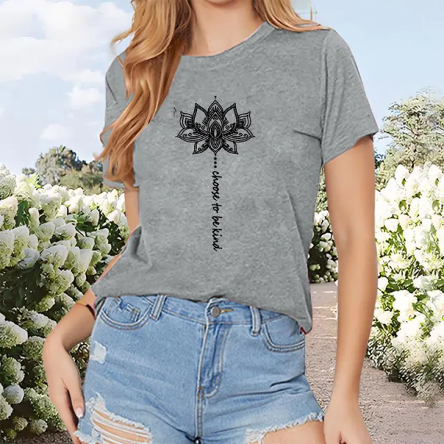 Women's Lotus Print Short Sleeve T Shirt Casual Crew Neck Summer Top Gray - Shop at LoveMi