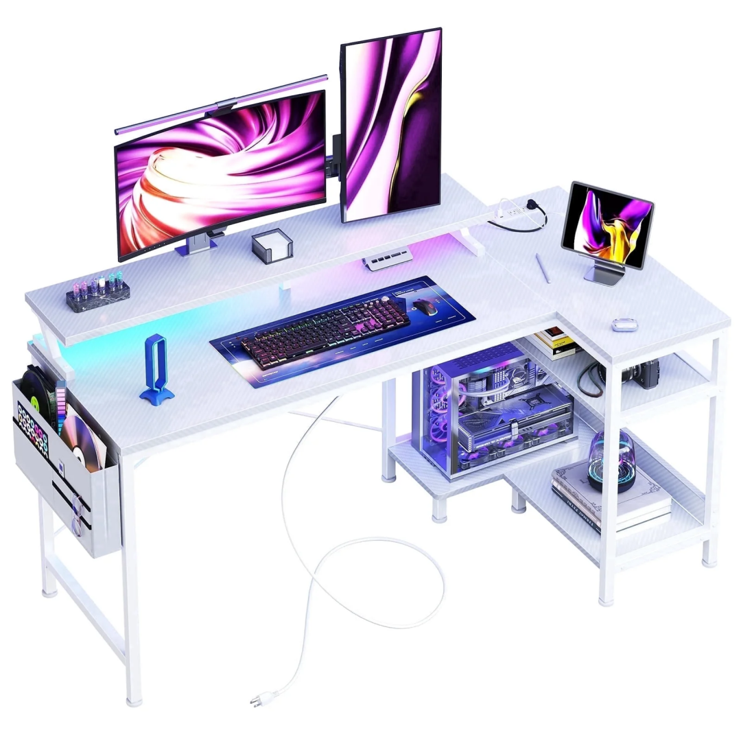 Game Table, With USB Charging Port, Power Socket, Type-C Interface And LED Lights, Computer Table Equipped With Storage Rack And Monitor Stand - Image 1